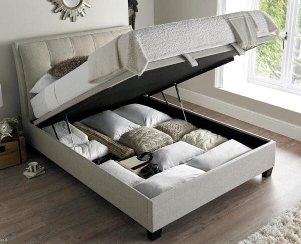 Accent - King Size - Ottoman Storage Bed - Neutral Oatmeal - Fabric - 5ft - Happy Beds