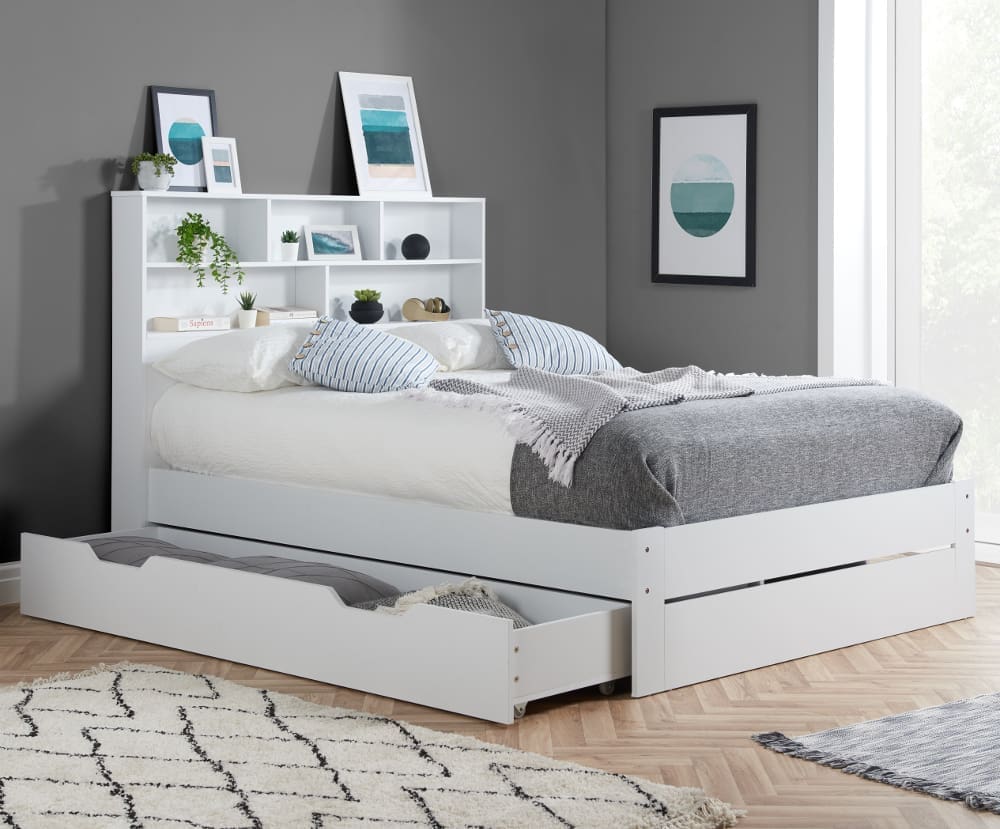 Alfie - Small Double - Bookcase Storage Bed - Underbed Storage - White - Wooden - 4ft - Happy Beds