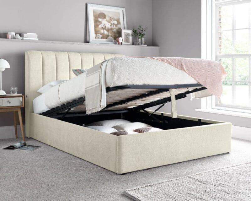 Autumn - Double - Ottoman Storage Bed - Oatmeal - Beige - Fabric - 4ft 6 - Happy Beds