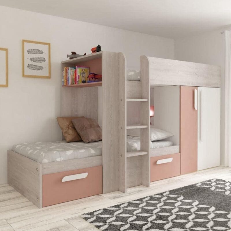 Barca - Kids Bunk Bed - Pink and Oak - Wood - Single- 3ft - Happy Beds