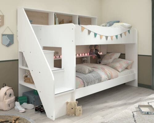 Bibliobed - Single - Kids Staircase Bunk Bed - Storage - White - Oak - Wooden - 3ft - Happy Beds