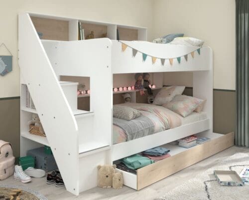 Bibliobed - Single - Kids Staircase Bunk Bed - Storage and Underbed Trundle - White - Oak - Wooden - 3ft - Happy Beds