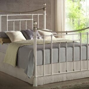 Bronte King Size Cream Metal Bed Frame - Victorian Style - Brass Finials and Top Rail - 5ft - Happy Beds