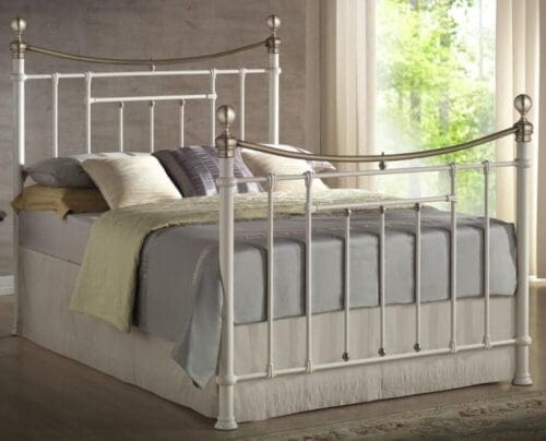 Bronte King Size Cream Metal Bed Frame - Victorian Style - Brass Finials and Top Rail - 5ft - Happy Beds