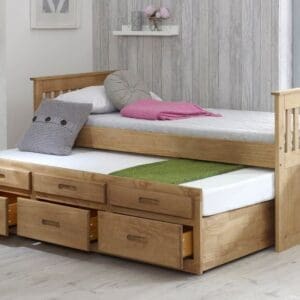 Captains - Single - High Foot-End Guest Bed - Storage and Underbed Trundle - Waxed Pine - Wooden - 3ft - Happy Beds