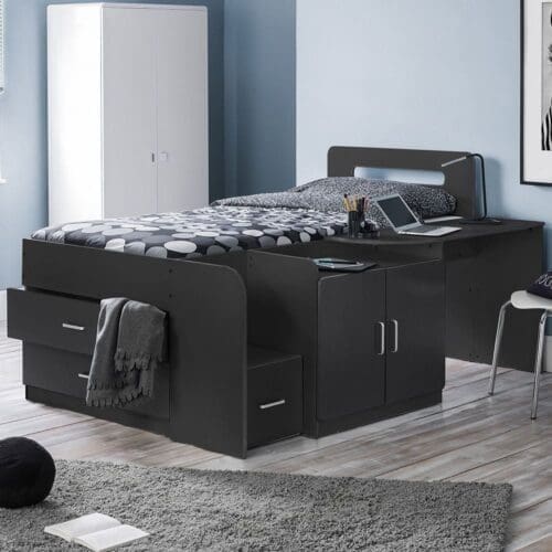 Cookie - Single - Cabin Bed - Desk and Storage - Dark Grey - Wooden - 3ft - Happy Beds