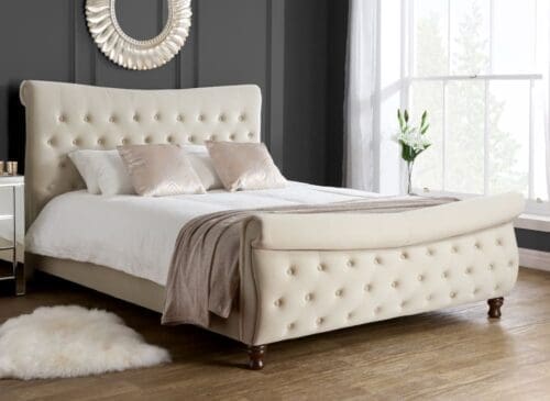 Copenhagen - Super King Size - Scroll Sleigh Bed - Neutral - Warm Stone - Fabric - 6ft - Happy Beds