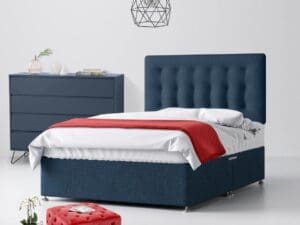 Double - Divan Bed and Cornell Buttoned Headboard - Dark Blue - Fabric - 4ft6 - Happy Beds