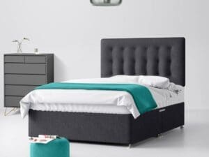 Double - Divan Bed and Cornell Buttoned Headboard - Dark Grey - Charcoal - Fabric - 4ft6 - Happy Beds