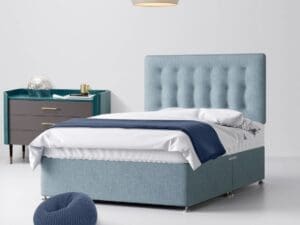 Double - Divan Bed and Cornell Buttoned Headboard - Duck Egg Blue - Fabric - 4ft6 - Happy Beds