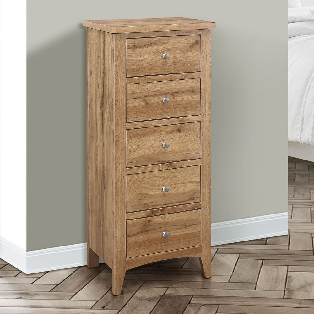 Hampstead - 5 Drawer Chest - Oak - Wooden - Happy Beds