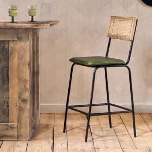 Nkuku Iswa Leather & Cane Counter Dining Chair | Dining Chairs Stools & Benches | Rich Green