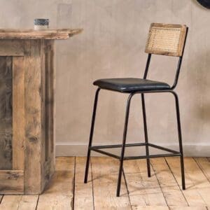 Nkuku Iswa Leather & Cane Counter Dining Chair | Dining Chairs Stools & Benches | Aged Black