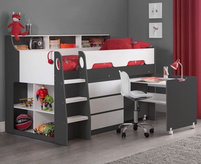 Jupiter - Single - Kids Mid Sleeper Cabin Bed - Grey and White - Wood - 3ft - Happy Beds