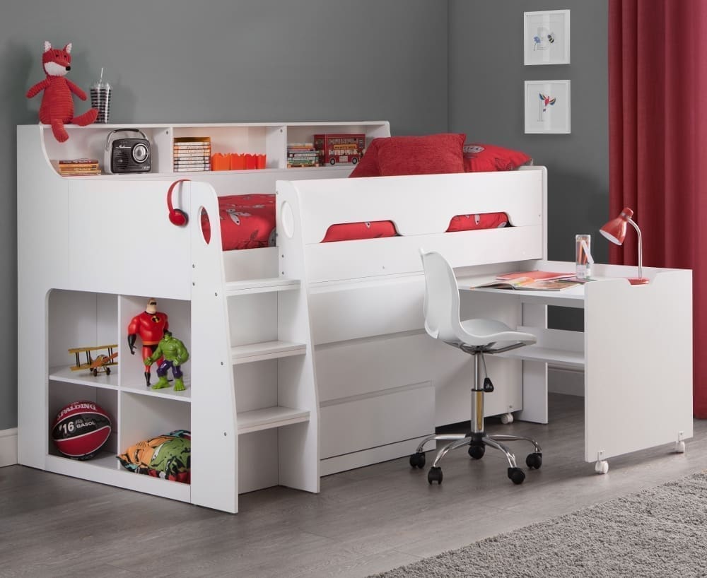 Jupiter - Single - Kids Mid Sleeper Cabin Bed - White - Wood - 3ft - Happy Beds