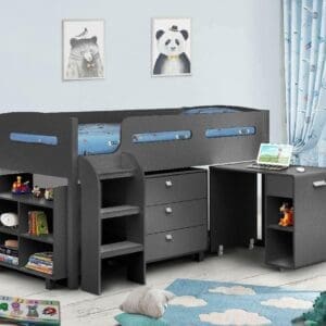 Kimbo - Single - Kids Cabin Bed Frame - Dark Grey - Anthracite - Drawers and Desk - 3ft - Happy Beds