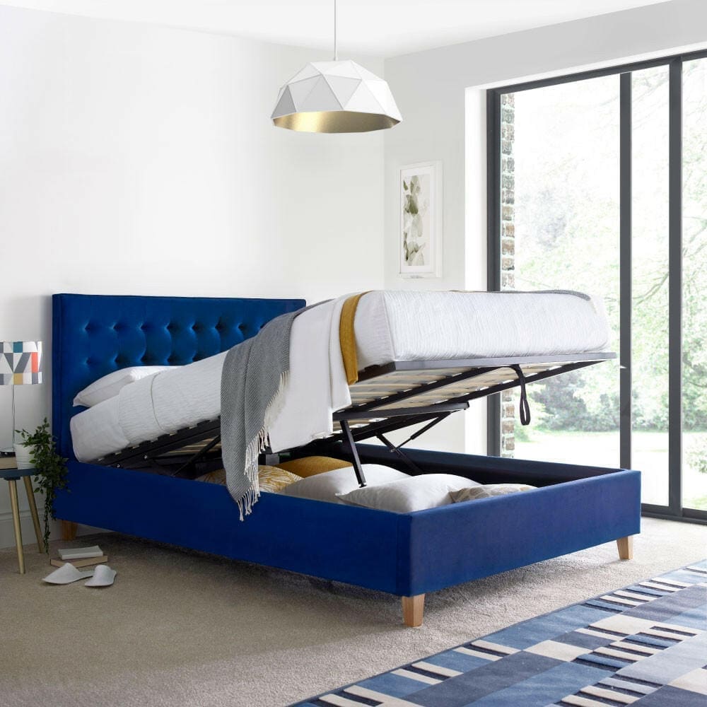 Kingham - Small Double - Ottoman Storage Bed - Blue - Velvet - 4ft - Happy Beds