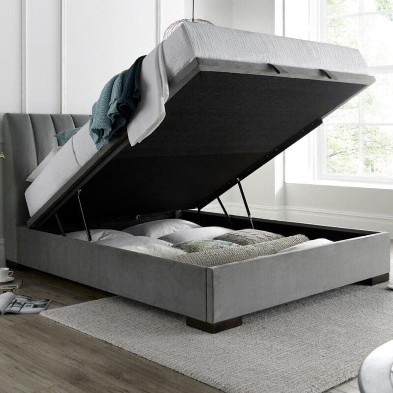 Langford - Double - Ottoman Storage Bed - Grey - Velvet - 4ft6 - Happy Beds