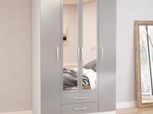 Lynx - 4 Door 2 Drawer Wardrobe With Mirror - White/Grey - Mirror/Wooden - Happy Beds