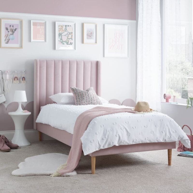 Marlow - Single - Low Foot-End Kids’ Bed - Pink - Velvet - 3ft - Happy Beds