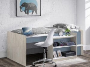 Neptune - Single - Kids Mid Sleeper Bed - Cabin Bed - Storage and Desk - Pastel Blue - Wooden - 3ft - Happy Beds