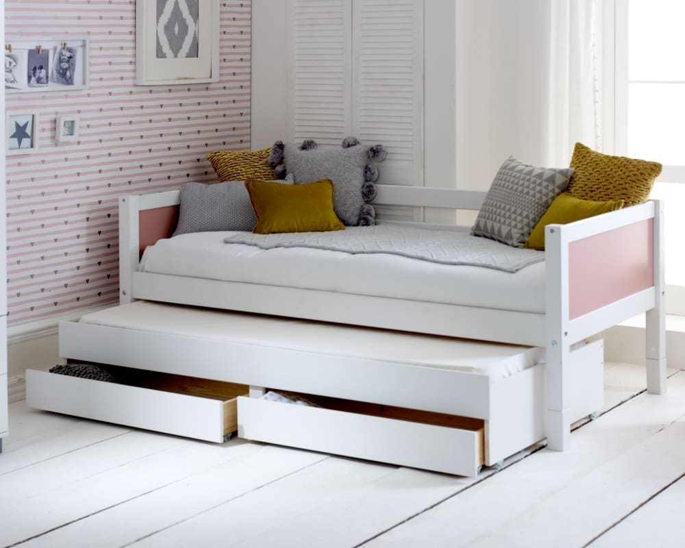 Nordic - Single - Day Bed with Guest Bed and Storage Drawers - White and Rose - 3ft - Happy Beds