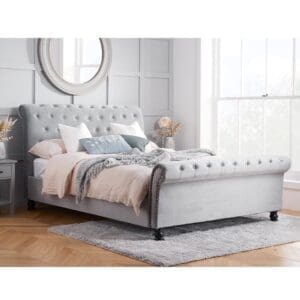 Opulence - Double - Scroll Sleigh Bed - Grey - Velvet - 4ft6 - Happy Beds