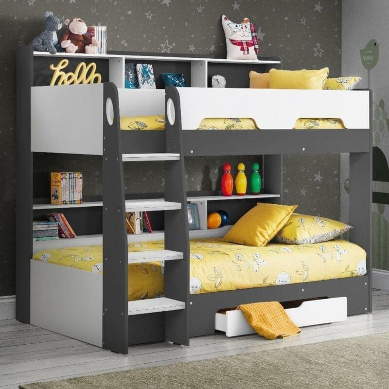 Orion - Single - Kids Bunk Bed - Storage - Grey and White - Wood - 3ft - Happy Beds