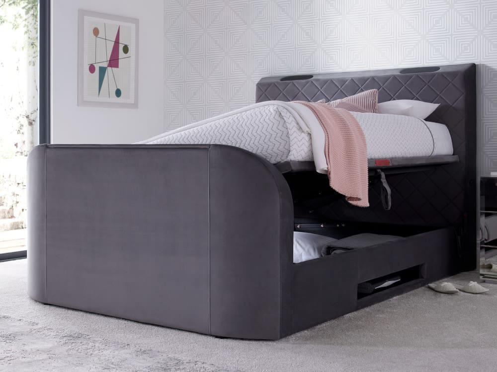 Paris - Double - Side-Opening Ottoman Storage Electric Media TV Bed - Grey - Velvet - 4ft6 - Happy Beds