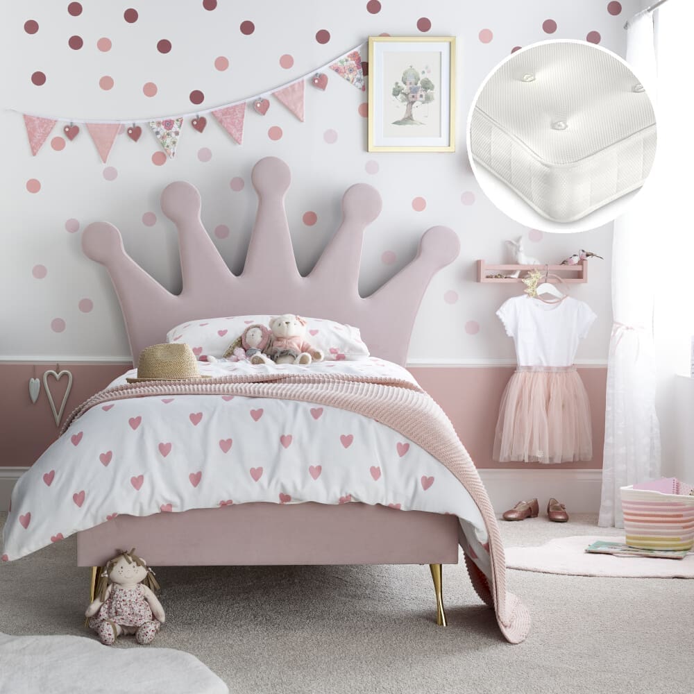 Princess/Clay - Single - Novelty Low Foot-End Kids Bed and Open Coil Spring Orthopaedic Mattress Included - Pink/White - Velvet/Fabric - 3ft - Happy Beds