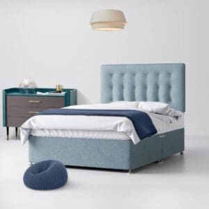 Single - Divan Bed and Cornell Buttoned Headboard - Duck Egg Blue - Fabric - 3ft - Happy Beds