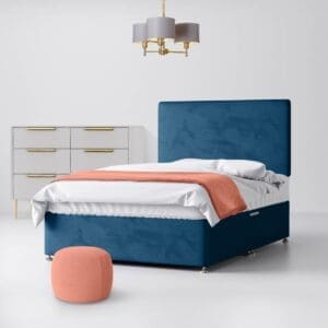 Small Double - Divan Bed and Cornell Plain Headboard - Deep Blue - Velvet - 4ft - Happy Beds