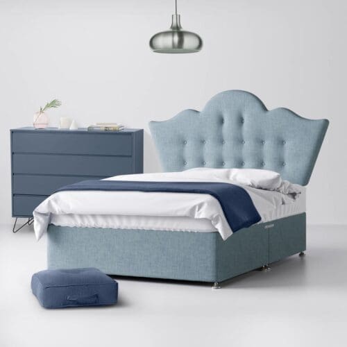 Small Single - Divan Bed and Florence Buttoned Headboard - Duck Egg Blue - Fabric - 2ft6 - Happy Beds