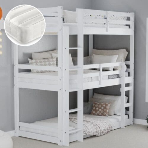 Tressa/Ethan - Single - Triple Bunk Bed and 3 Open Coil Spring Mattresses Included - White - Wooden/Fabric - 3ft - Happy Beds