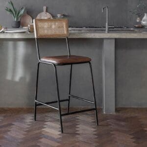 Nkuku Iswa Leather & Cane Counter Dining Chair | Dining Chairs Stools & Benches | Aged Tan