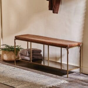 Nkuku Mahi Iron & Leather Bench | Chairs Stools & Benches | Brass