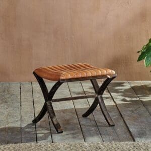 Nkuku Narwana Ribbed Leather Footstool | Chairs Stools & Benches | Black & Brown | 39 x 48 x 40 cm