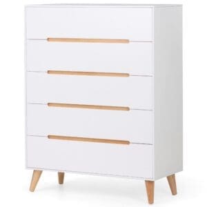 Alicia - 5 Drawer Bedside Table - White/Oak - Wooden - Happy Beds