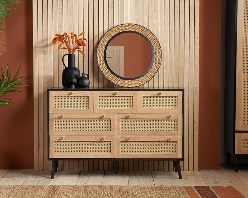 Croxley - 7 Drawer Chest of Drawers - Black - Rattan - Wooden - Happy Beds