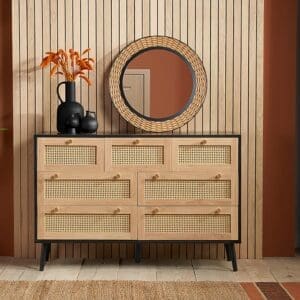 Croxley 7 Drawer Chest of Drawers Black Rattan Wooden Happy Beds 2 1