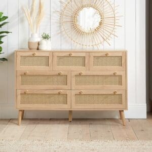 Croxley 7 Drawer Chest of Drawers Oak Rattan Wooden Happy Beds 2 1