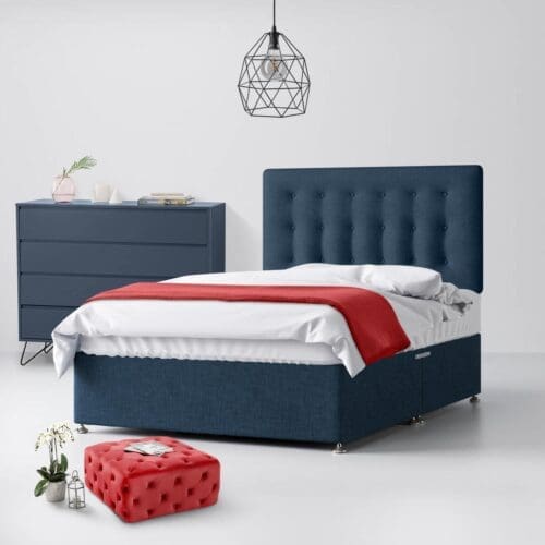 Double - Divan Bed and Cornell Buttoned Headboard - Dark Blue - Fabric - 4ft6 - Happy Beds