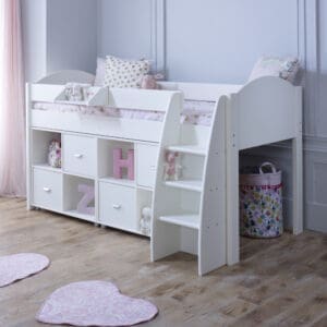 Eli - White Kids Mid Sleeper Bed with Two Shelves - Wooden - Single - 3ft - Happy Beds