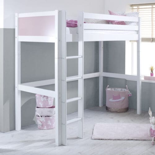 Nordic - EU Single - High Sleeper - White and Pink - Wood - 3ft - Happy Beds