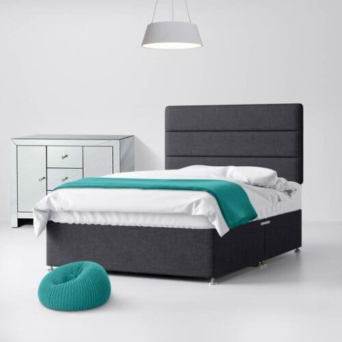 Single - Divan Bed and Cornell Lined Headboard - Dark Grey - Charcoal - Fabric - 3ft - Happy Beds