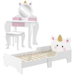 ZONEKIZ Unicorn Themed Children's Bedroom Set with Dressing Table, Mirror, Stool, and Toddler Bed Frame, 3-6 Years, Multicolour   Aosom UK