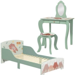 ZONEKIZ Toddler Bed Frame, Kids Dressing Table with Mirror and Stool, Cute Animal Design Kids Bedroom Furniture Set for 3-6 Years, Green   Aosom UK