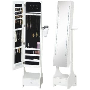 HOMCOM Jewellery Cabinet with Mirror, Freestanding Armoire LED Lights, Hooks, Drawer, Hairdryer Holder, Vanity Adjustable, White   Aosom UK