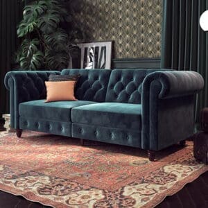 Flex Velvet Sofa Bed With Wooden Legs In Blue