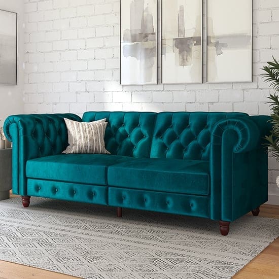 Fritton Chesterfield Velvet Sofa Bed Teal New